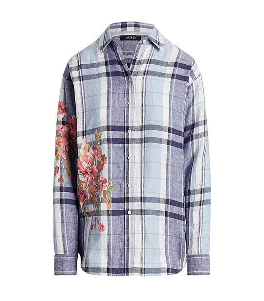 Women's Floral and Plaid Linen Shirt Blue/White