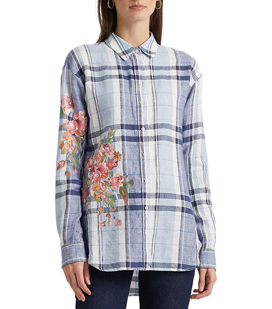 Women's Floral and Plaid Linen Shirt Blue/White