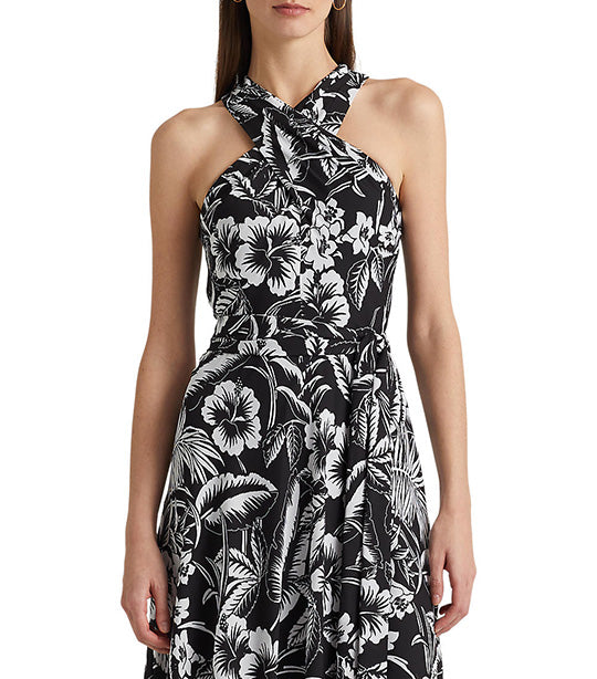 Women's Floral Georgette Halter Dress Black/White