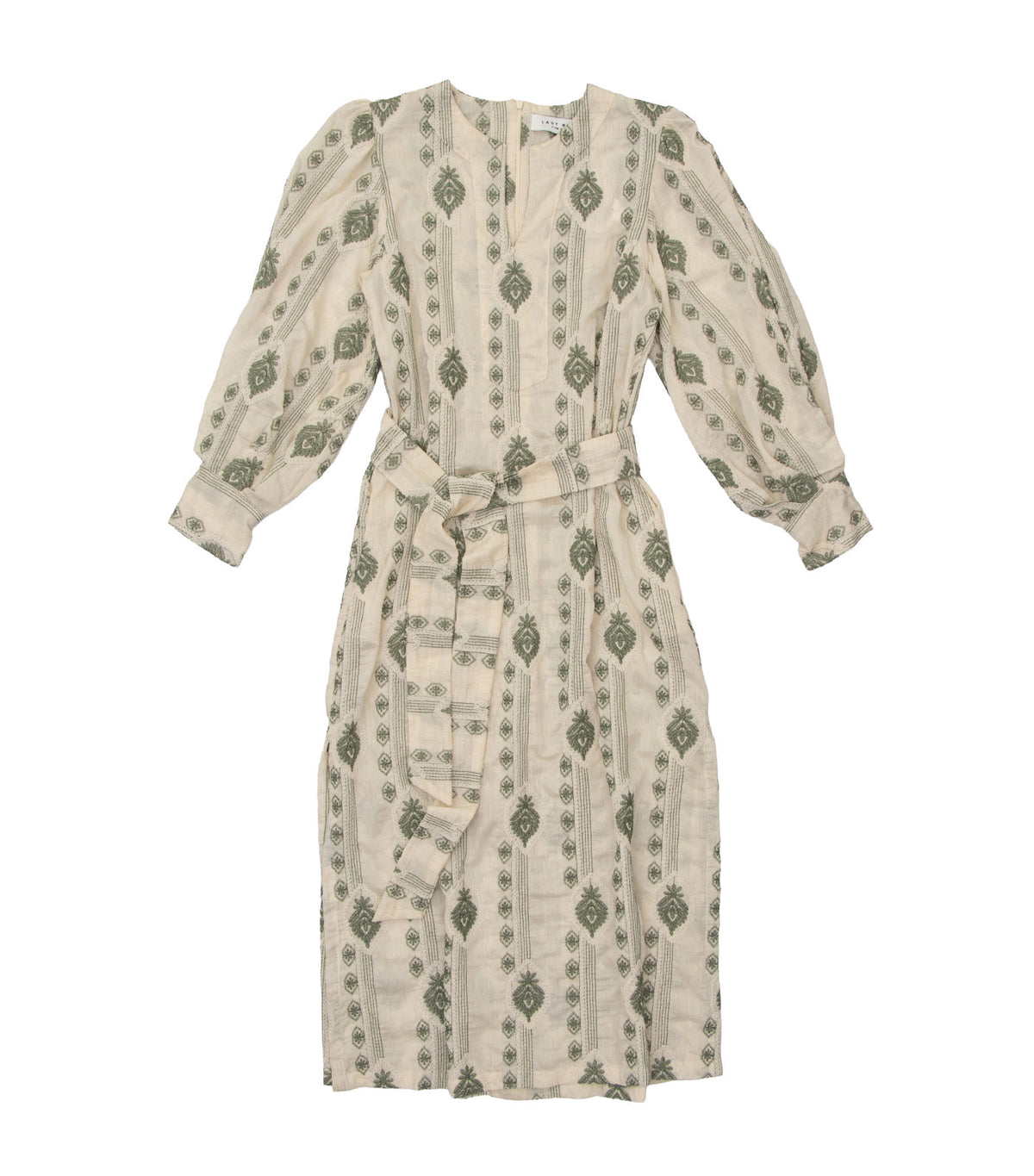 Mia Dress Beige with Green Embroidery