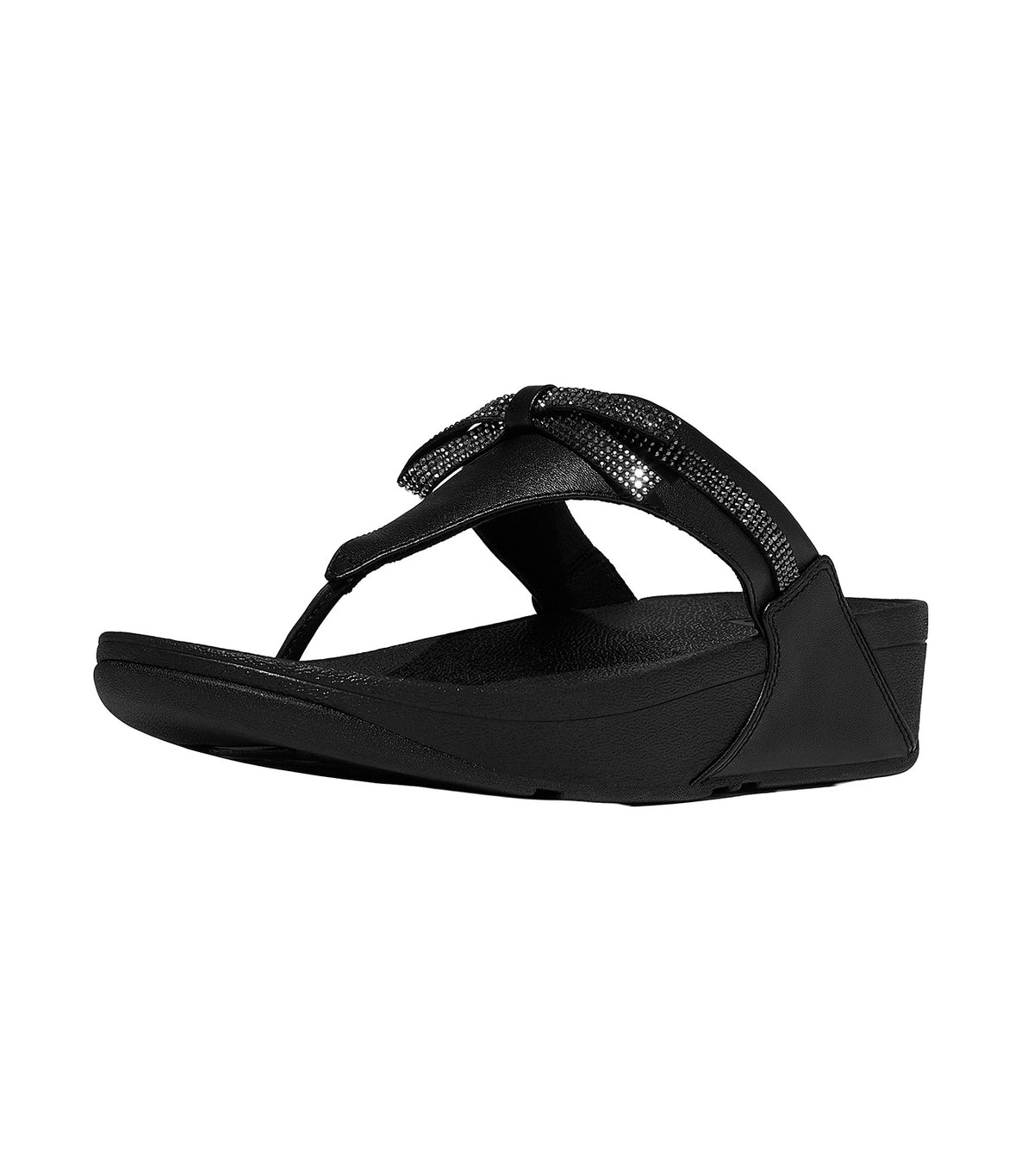 Lulu Glitz-Bow Leather Toe-Post Sandals Black