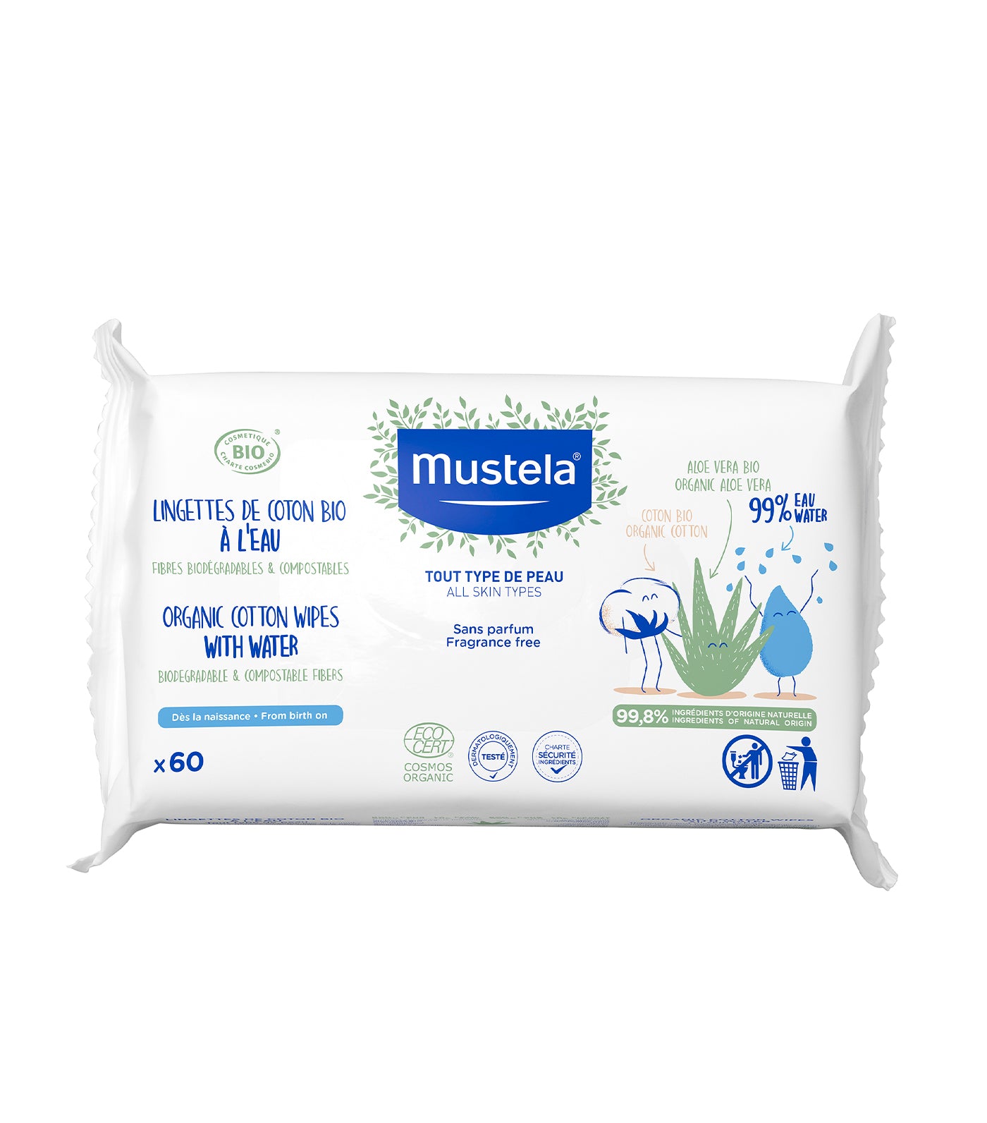 Organic Cotton Wipes with Water - 60 Pulls