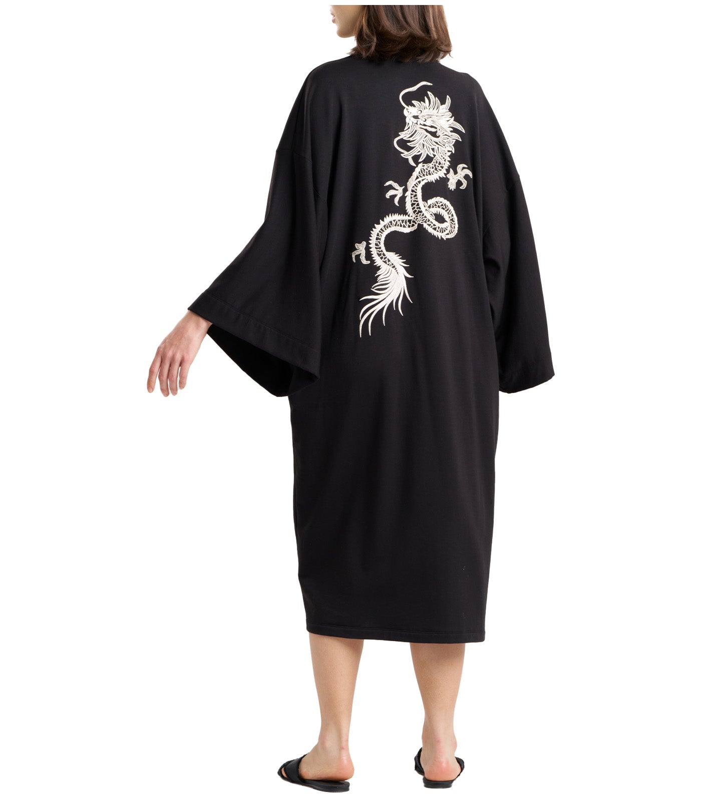 Cocoon Robe with Embroidery Black