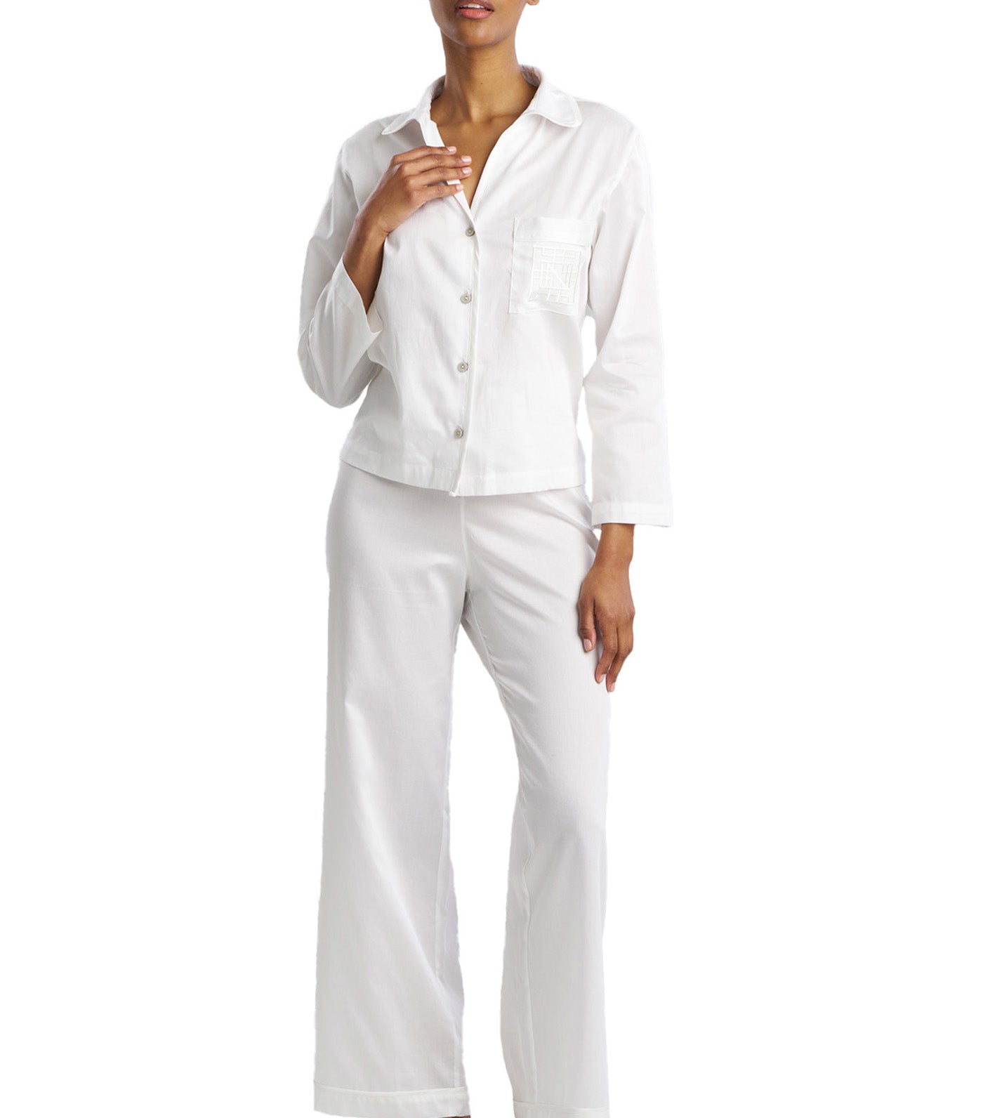Cotton Sateen Embroidered Essentials Notch Pajama Set White