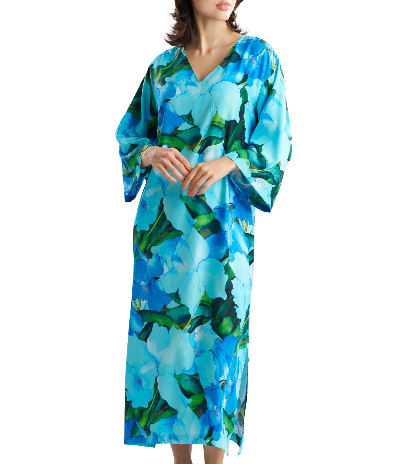 Isla Printed Satin Caftan Blue