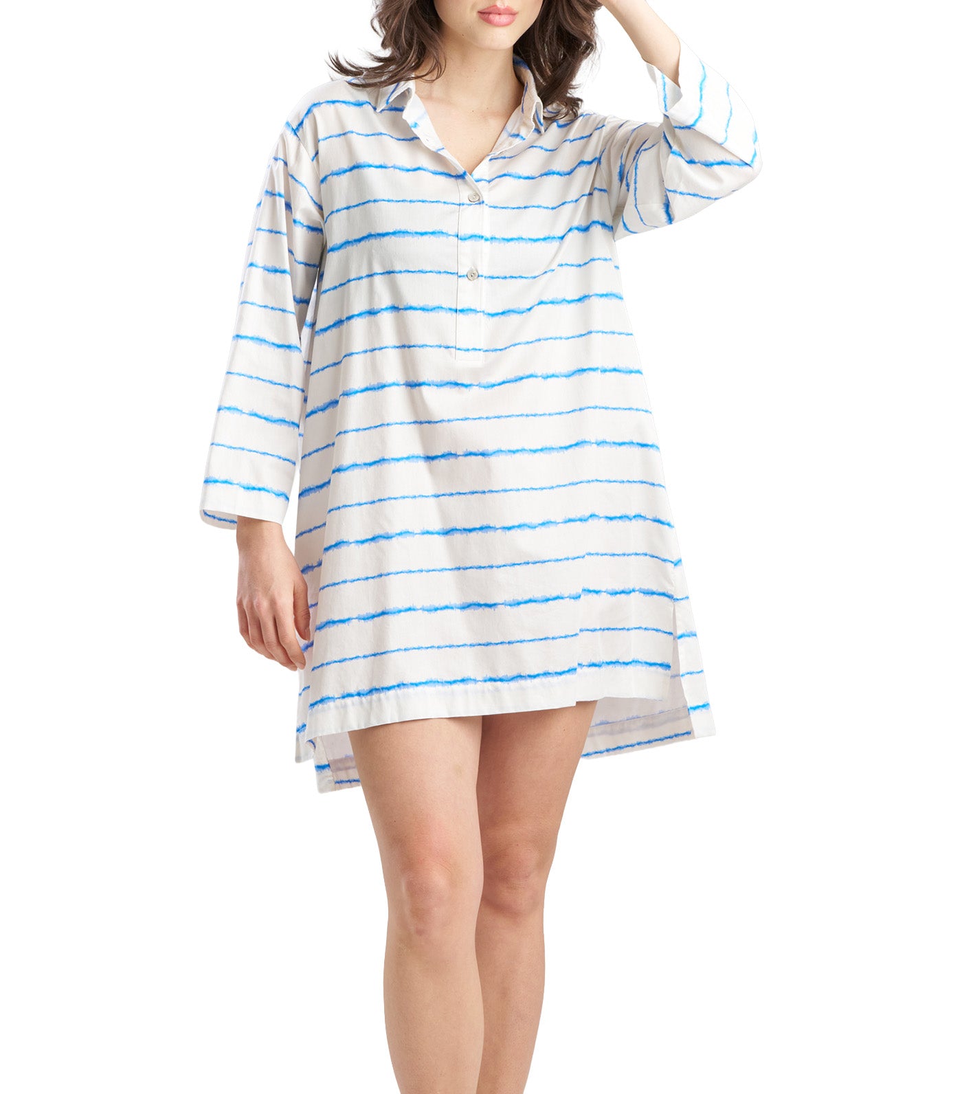 Shibori Cotton Sateen Sleepshirt White Blue Combo