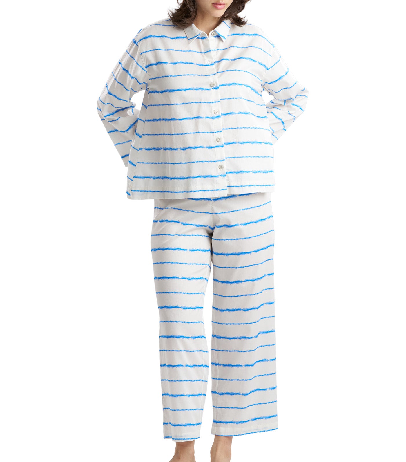 Shibori Cotton Sateen Notch PJ White Blue Combo