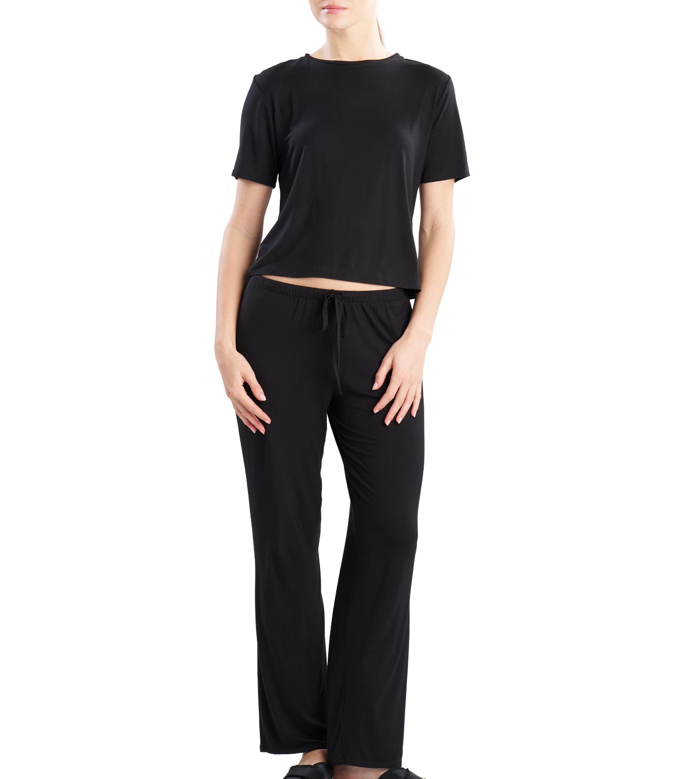 Natori Feathers Essentials Crew Neck Pajama Set Black