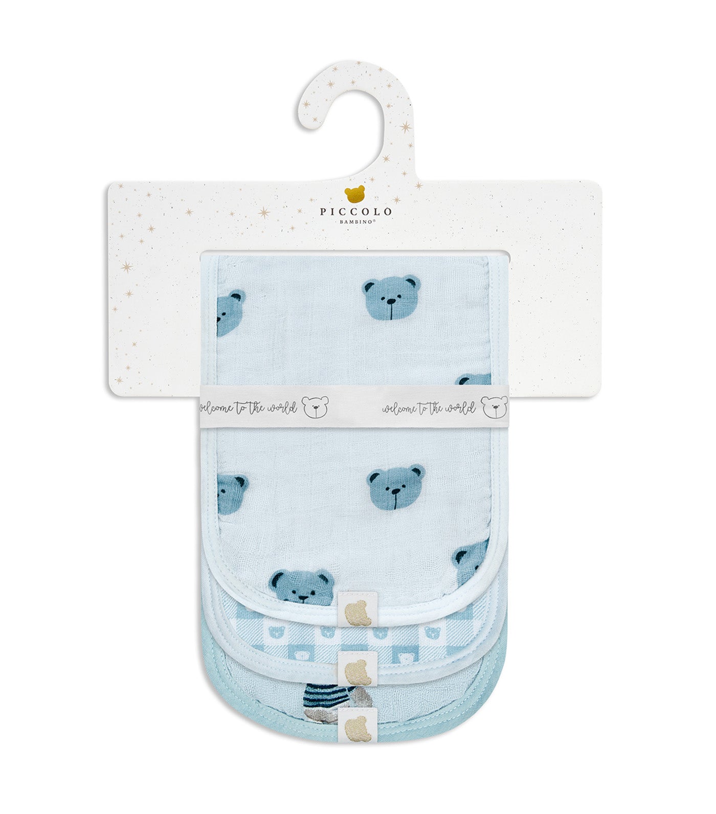 Piccolo Bambino 3-Pack Muslin Burp Cloths on Hanger Blue