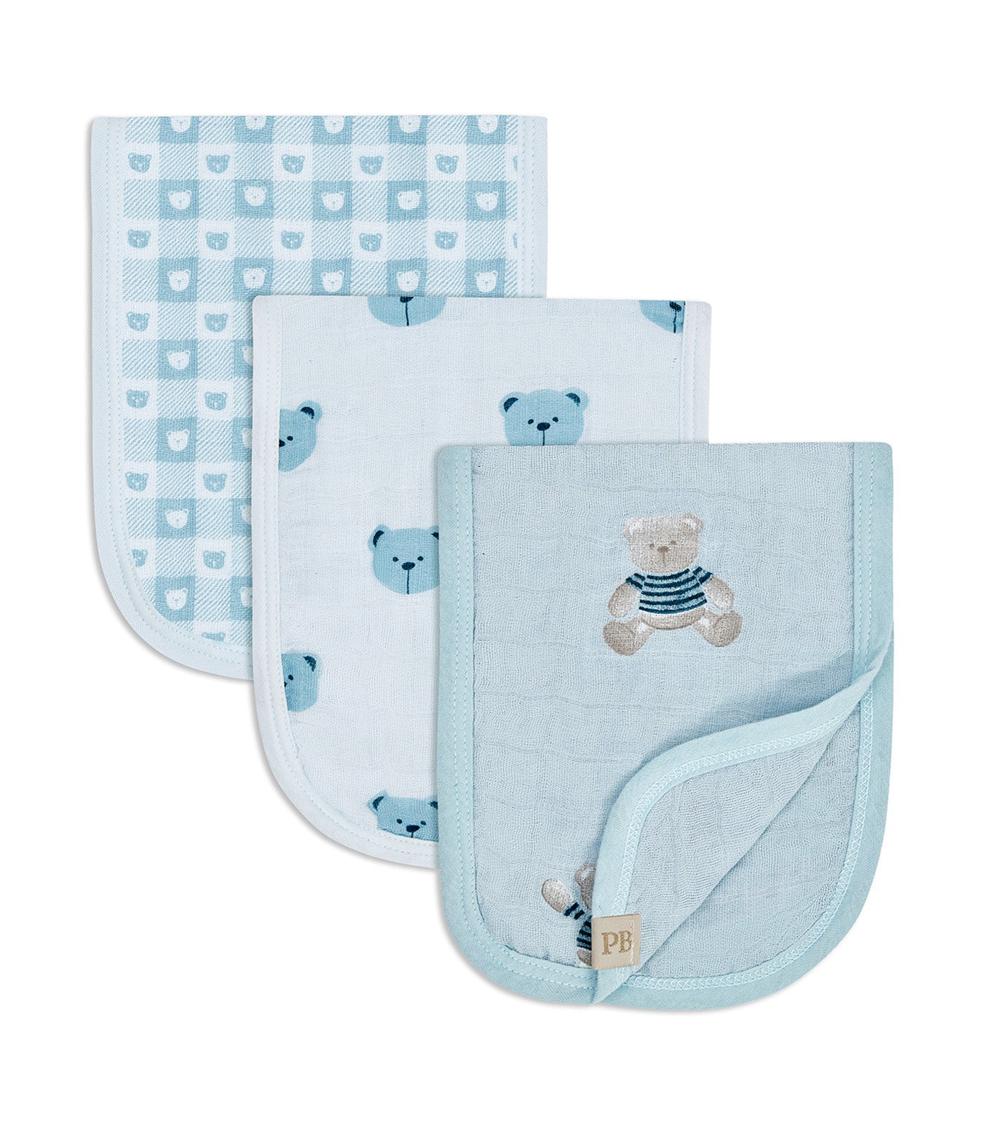 Piccolo Bambino 3-Pack Muslin Burp Cloths on Hanger Blue