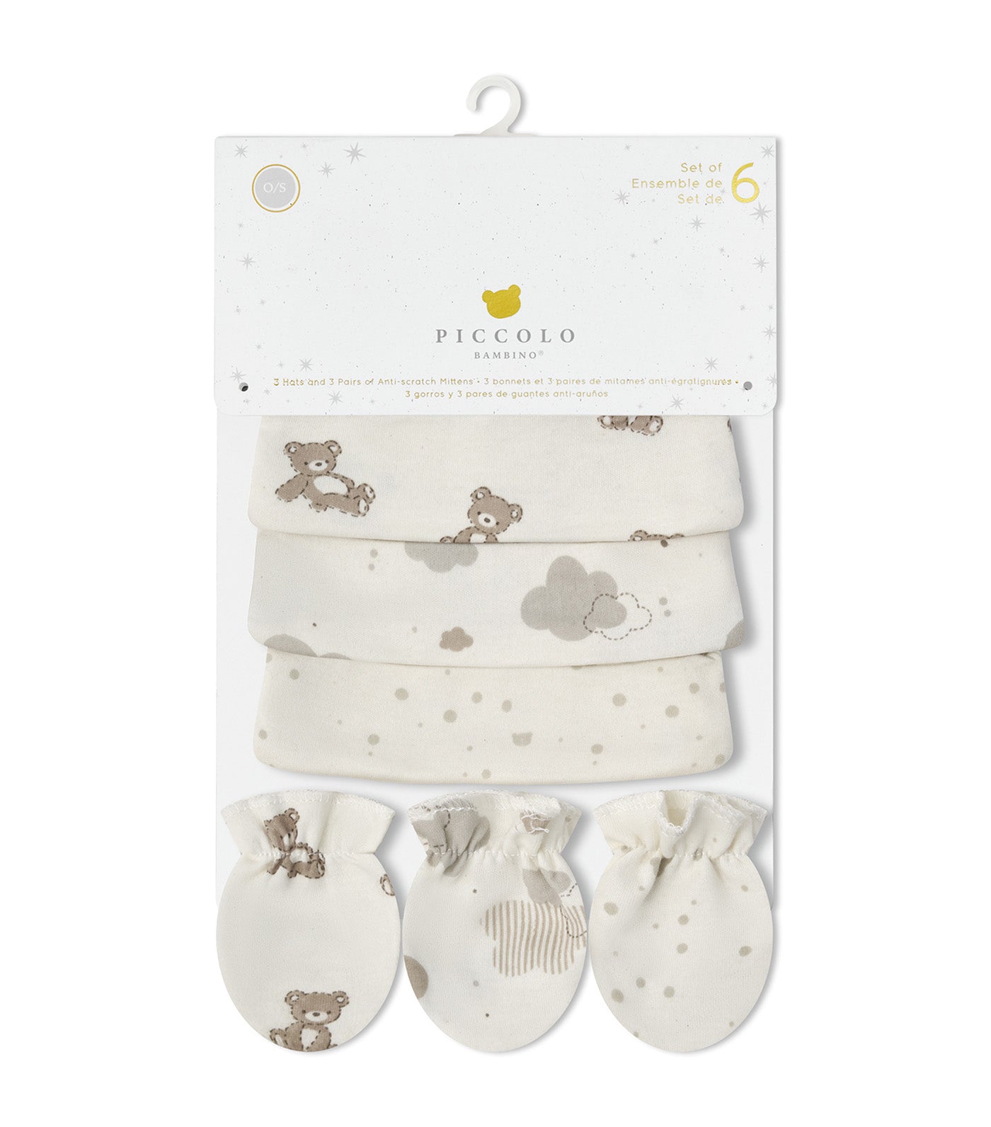 Piccolo Bambino 3 Hats and 3 Anti-Scratch Mittens Set 100% Cotton Jersey White