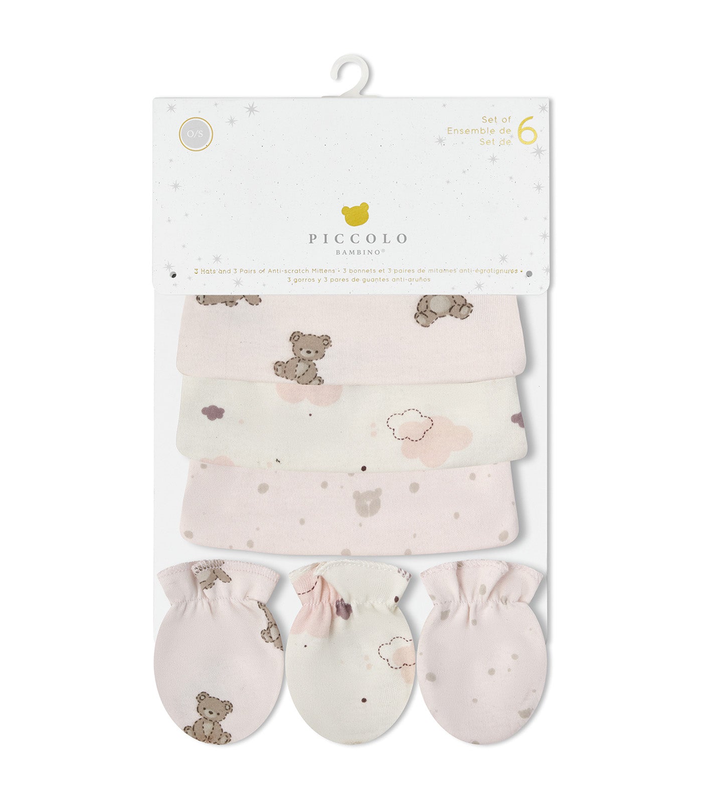 Piccolo Bambino 3 Hats and 3 Anti-Scratch Mittens Set 100% Cotton Jersey Pink