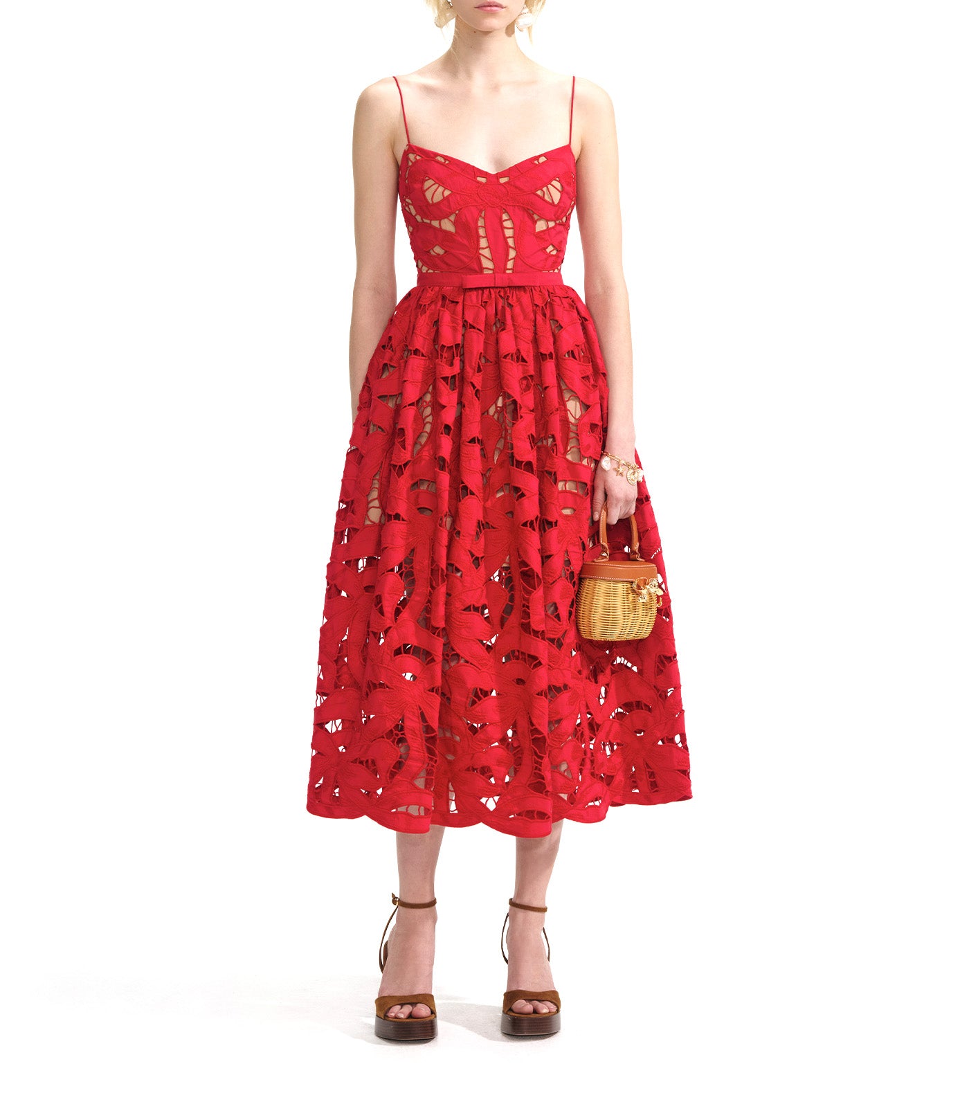Bow Embroidered Midi Dress Red