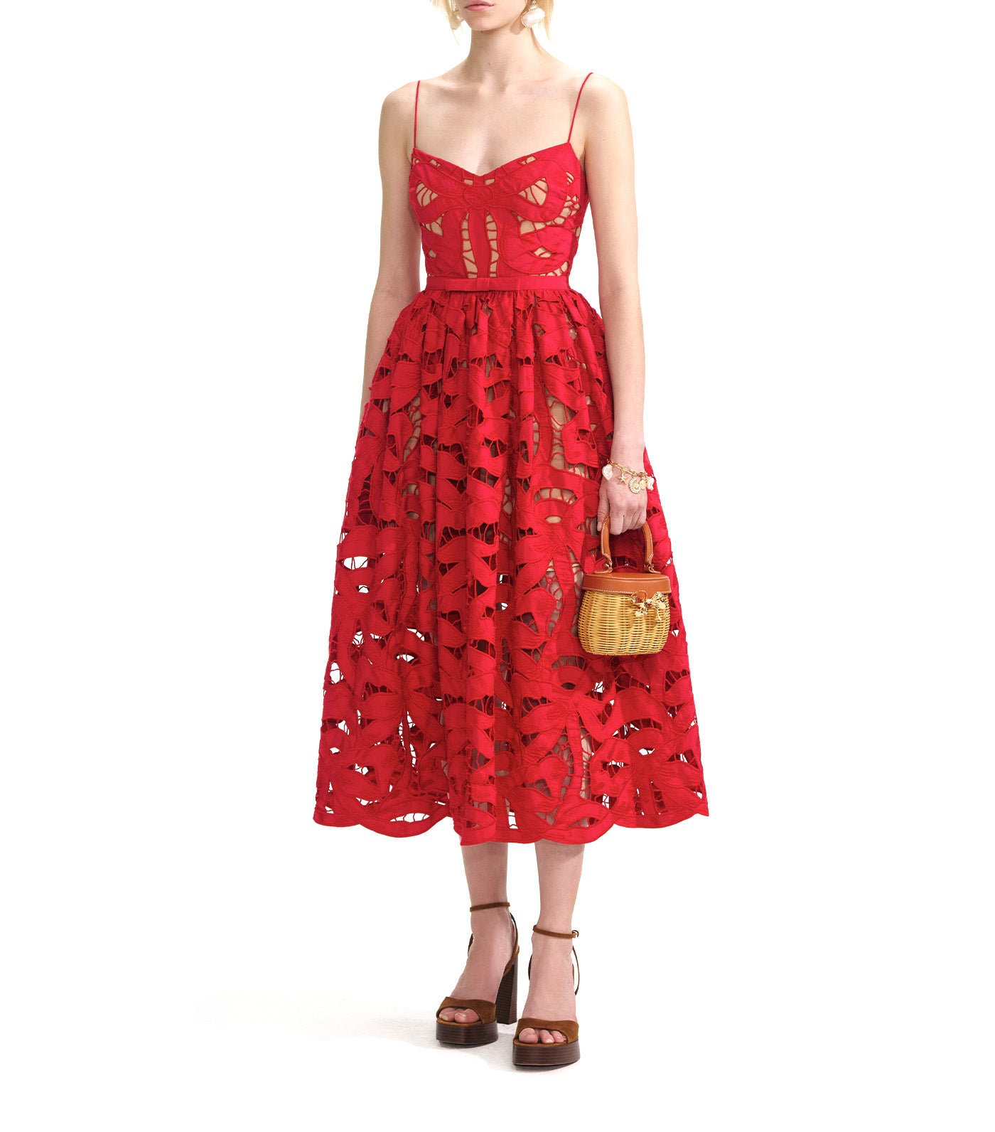 Bow Embroidered Midi Dress Red