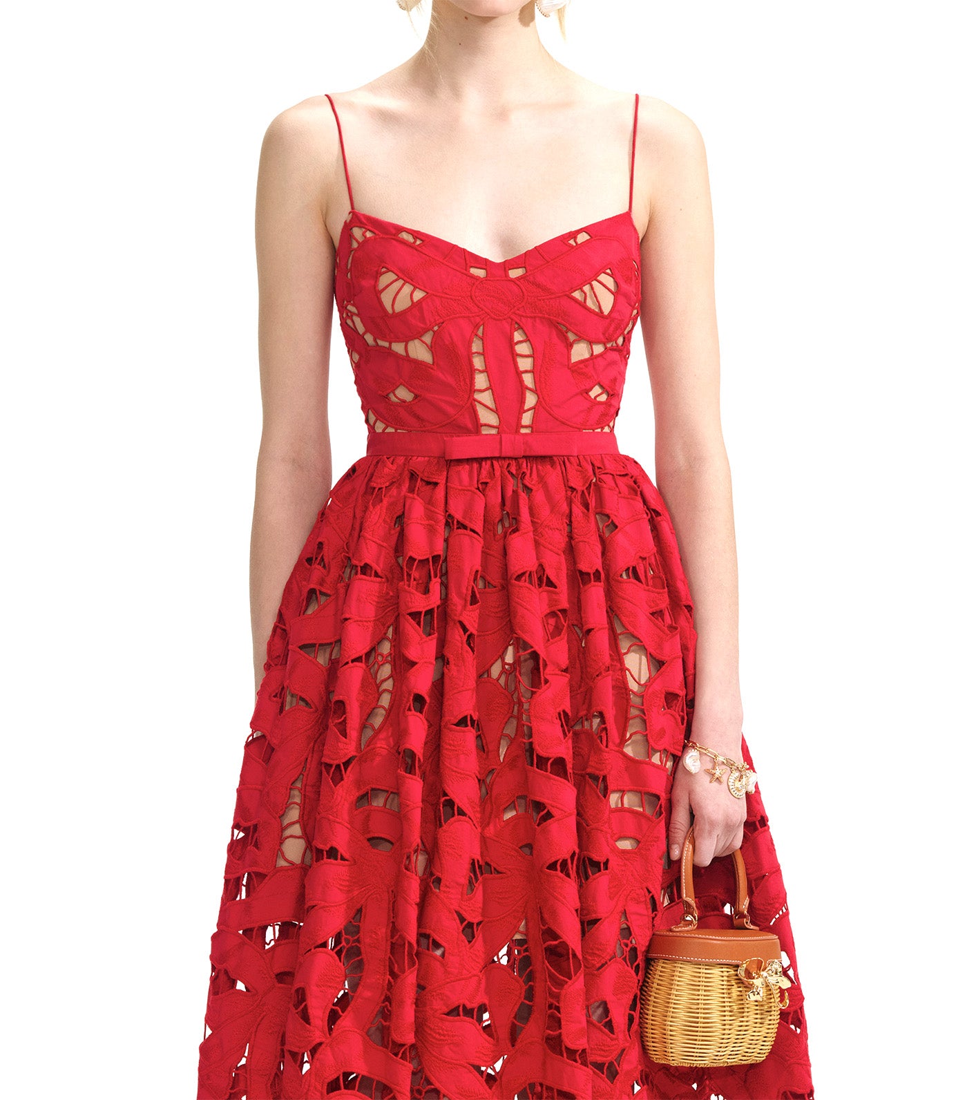 Bow Embroidered Midi Dress Red