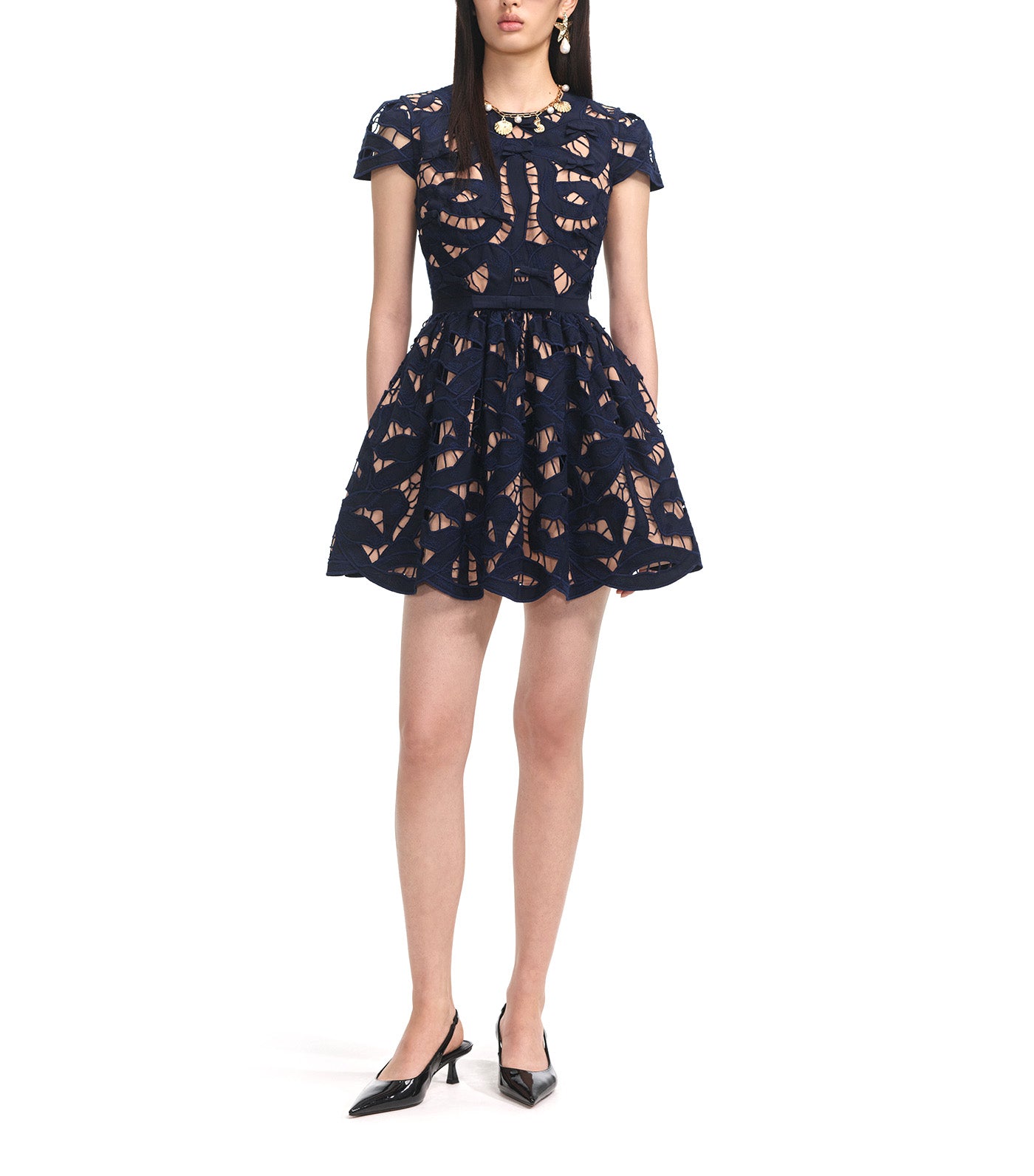 Bow Embroidered Mini Dress Navy