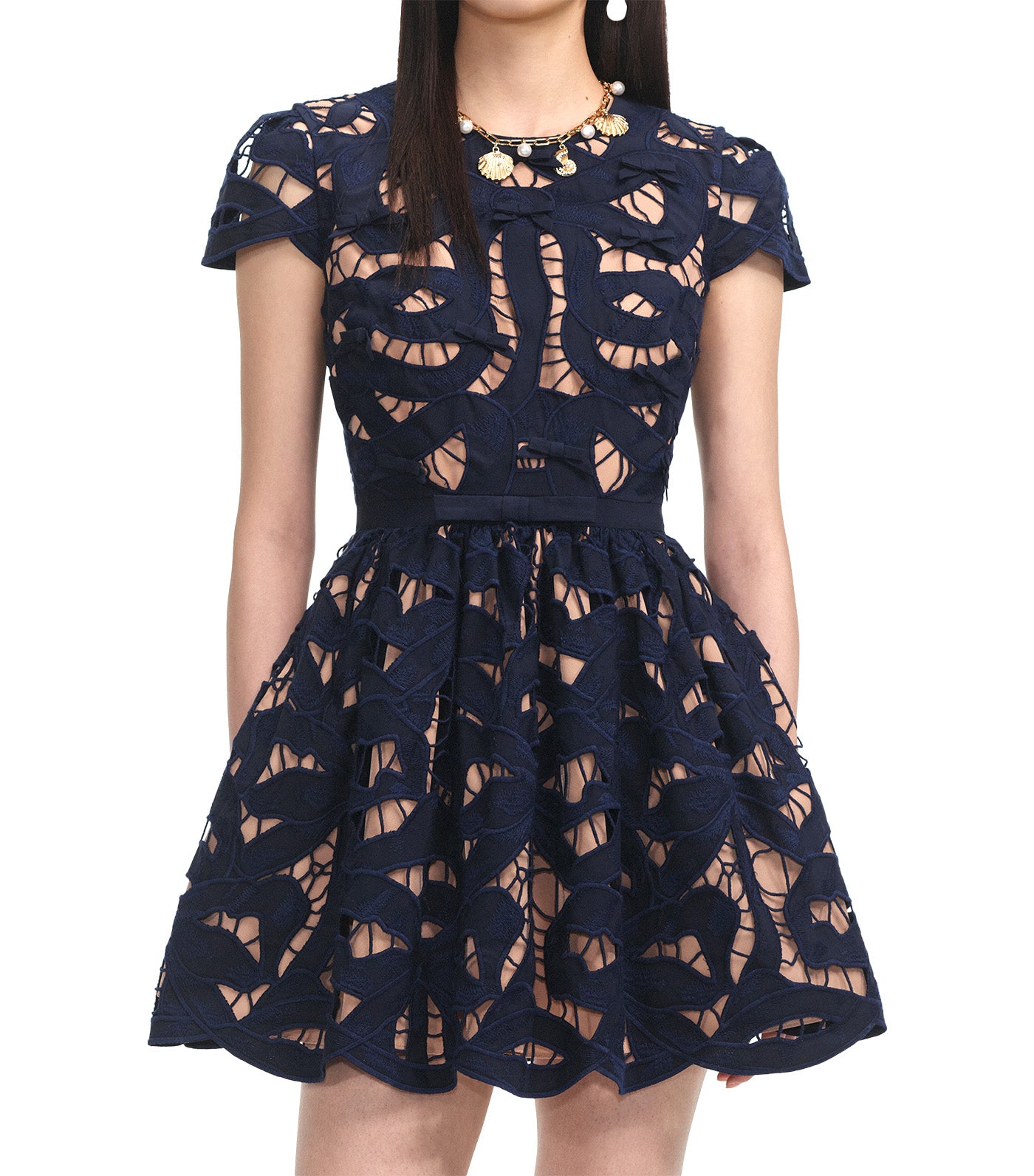 Bow Embroidered Mini Dress Navy