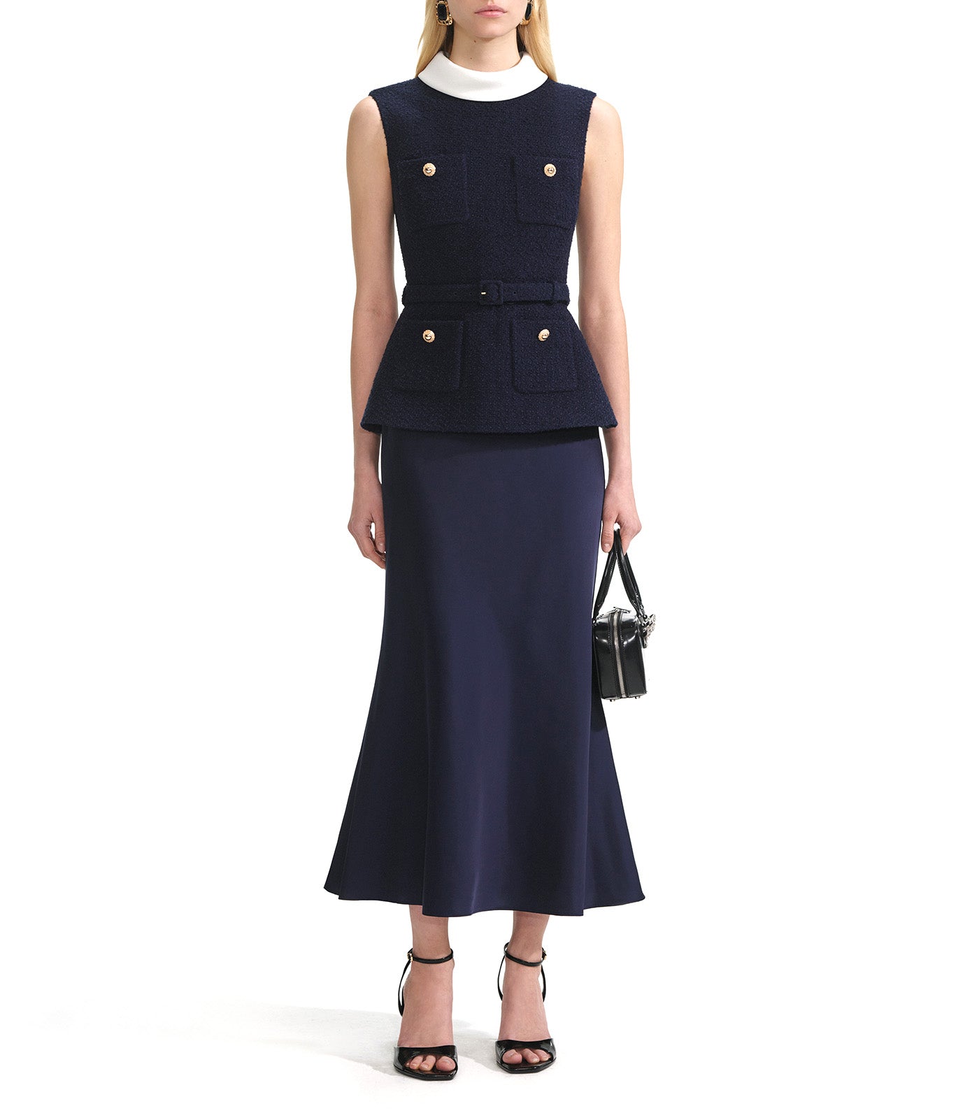 Boucle Sleeveless Midi Dress Navy