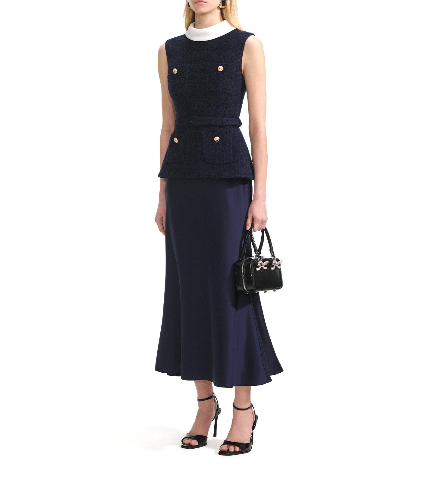 Boucle Sleeveless Midi Dress Navy