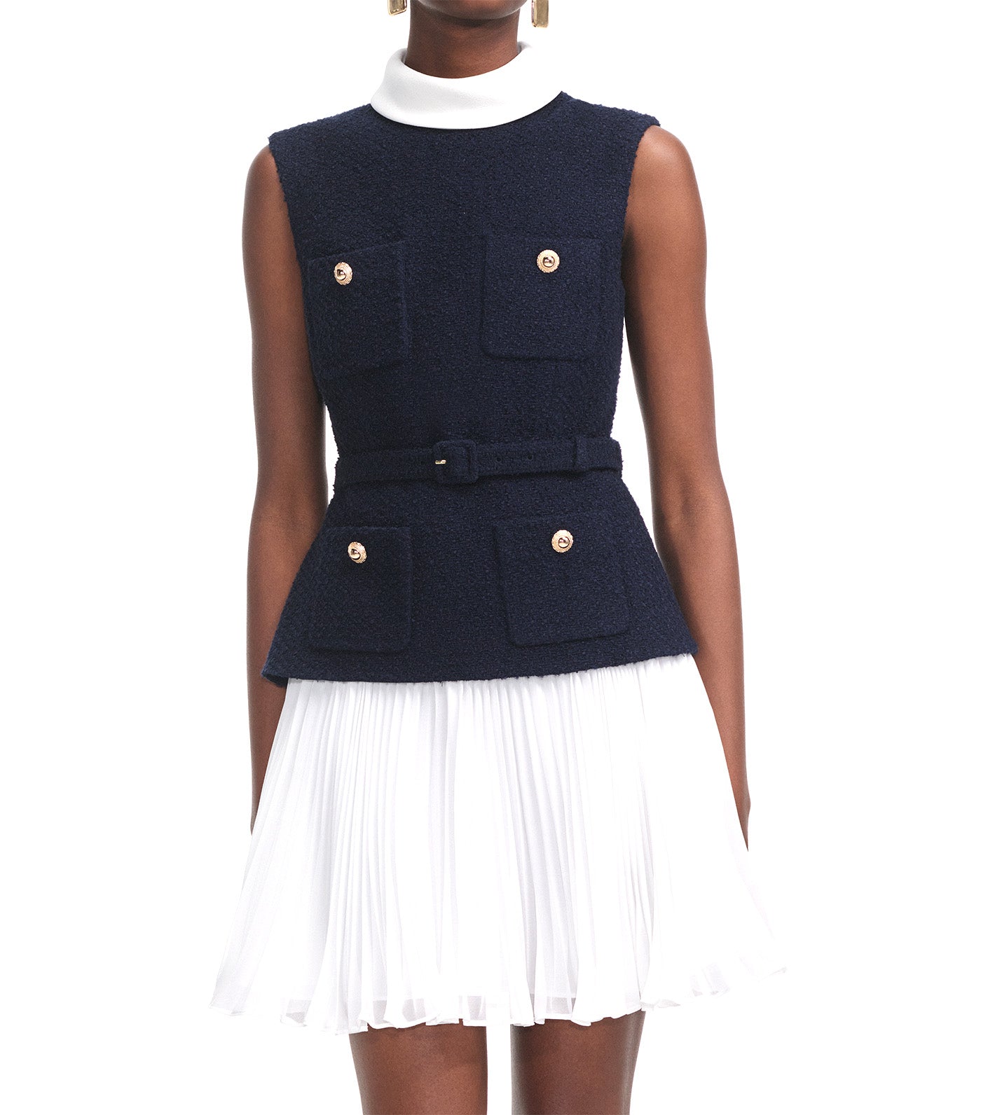 Boucle and Chiffon Mini Dress Navy