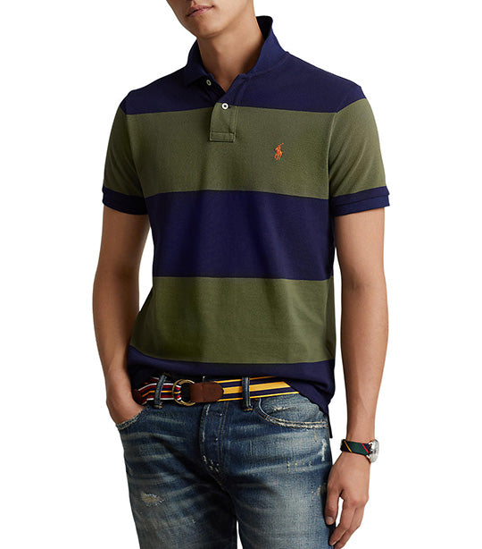 Men's Custom Slim Fit Striped Mesh Polo Shirt Newport Navy/Dark Sage