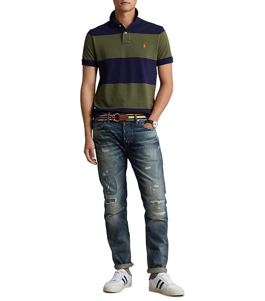 Men's Custom Slim Fit Striped Mesh Polo Shirt Newport Navy/Dark Sage