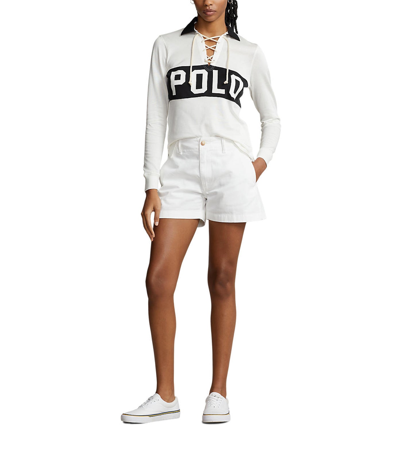 Women's Logo Lace-Up Jersey Polo Shirt Deckwash White