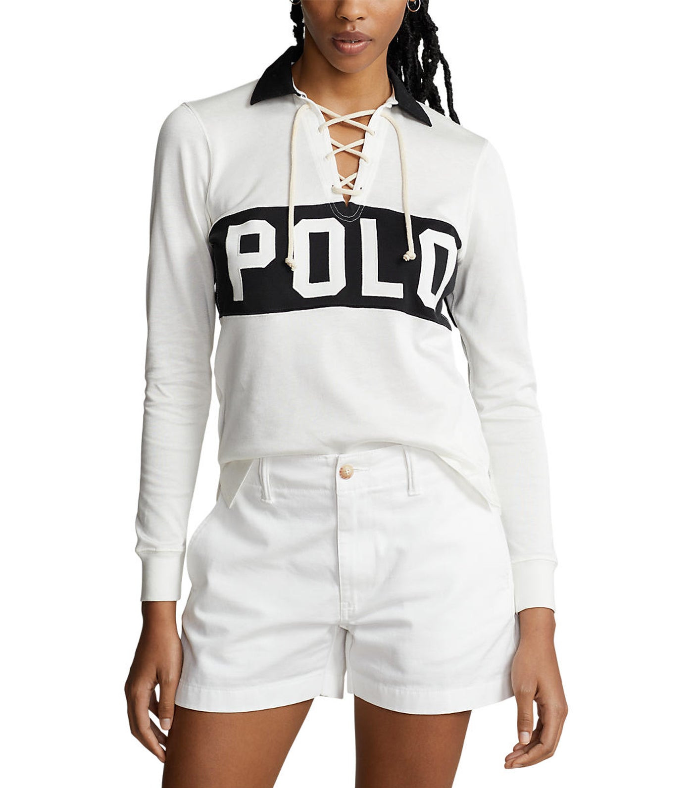 Women's Logo Lace-Up Jersey Polo Shirt Deckwash White
