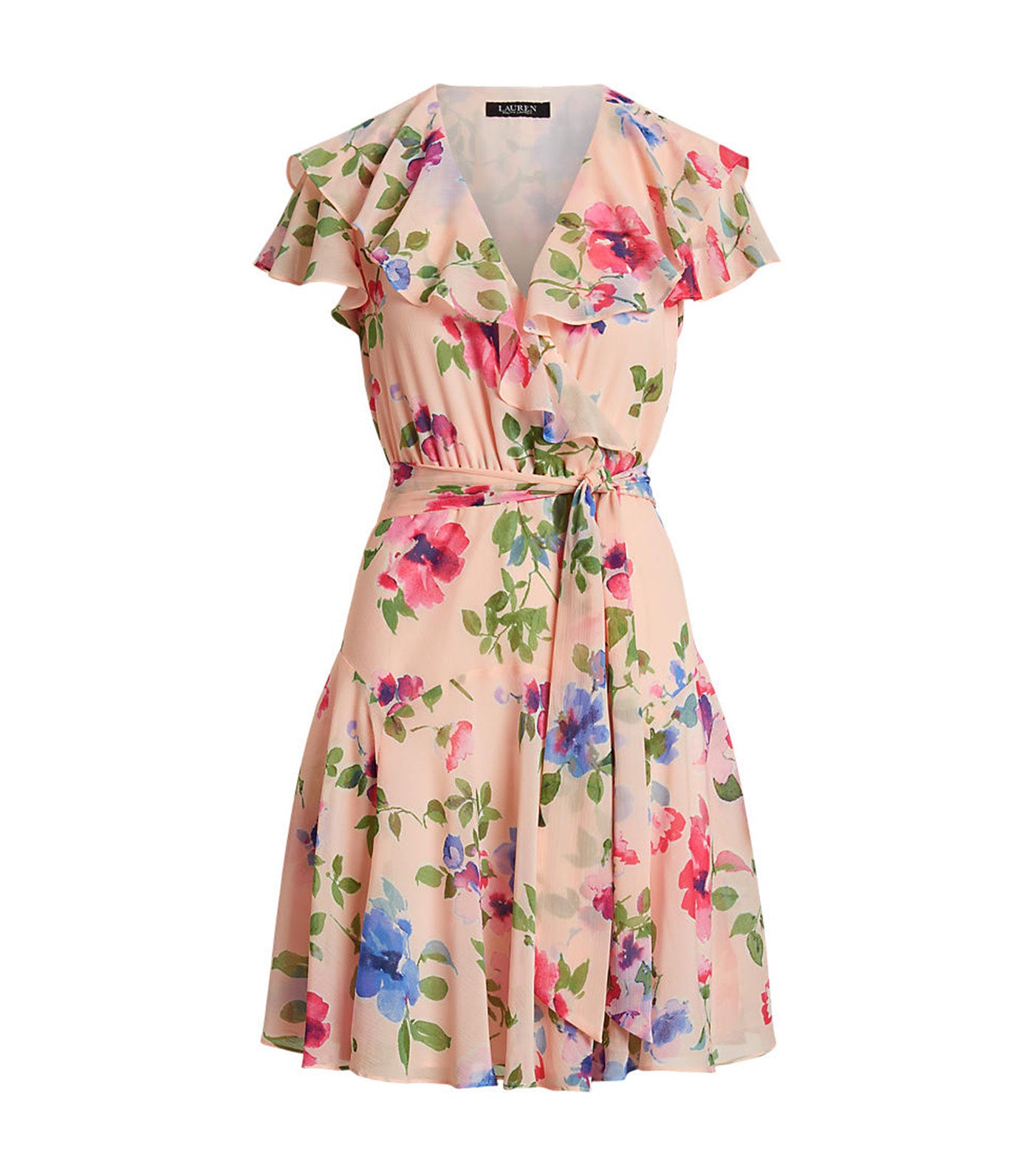 Women's Floral Belted Crinkle Georgette Dress Pink Multi