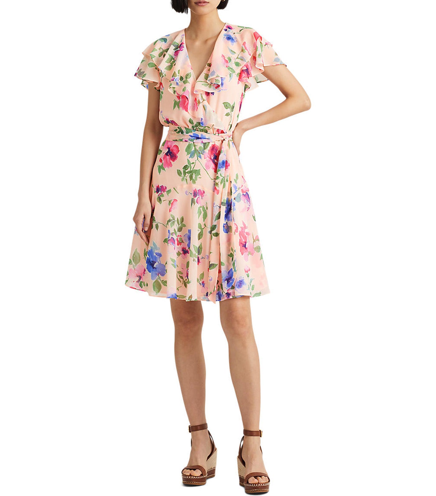 Women's Floral Belted Crinkle Georgette Dress Pink Multi