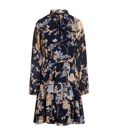 Women's Floral Belted Crinkle Georgette Dress Navy Multi