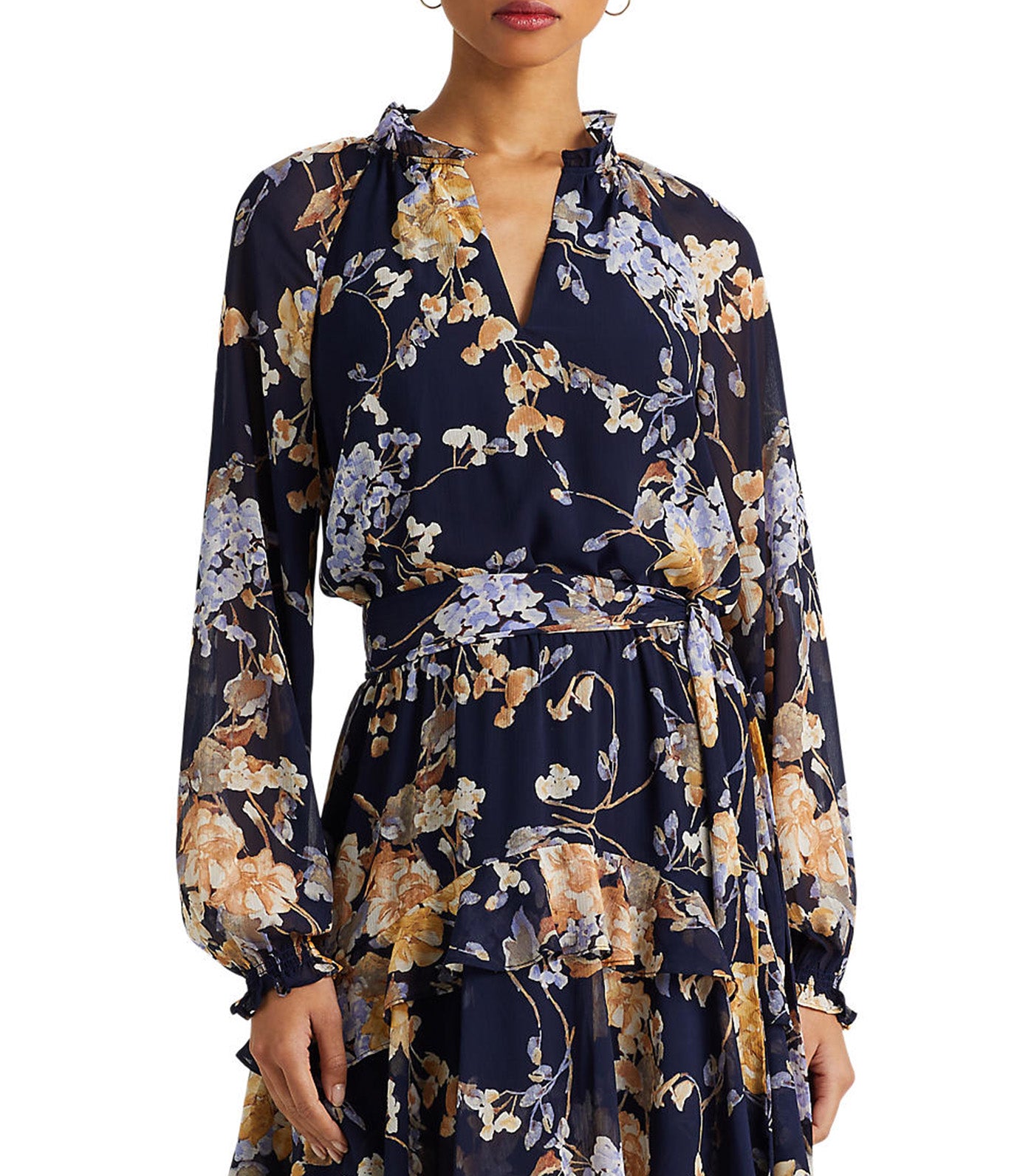 Women's Floral Belted Crinkle Georgette Dress Navy Multi
