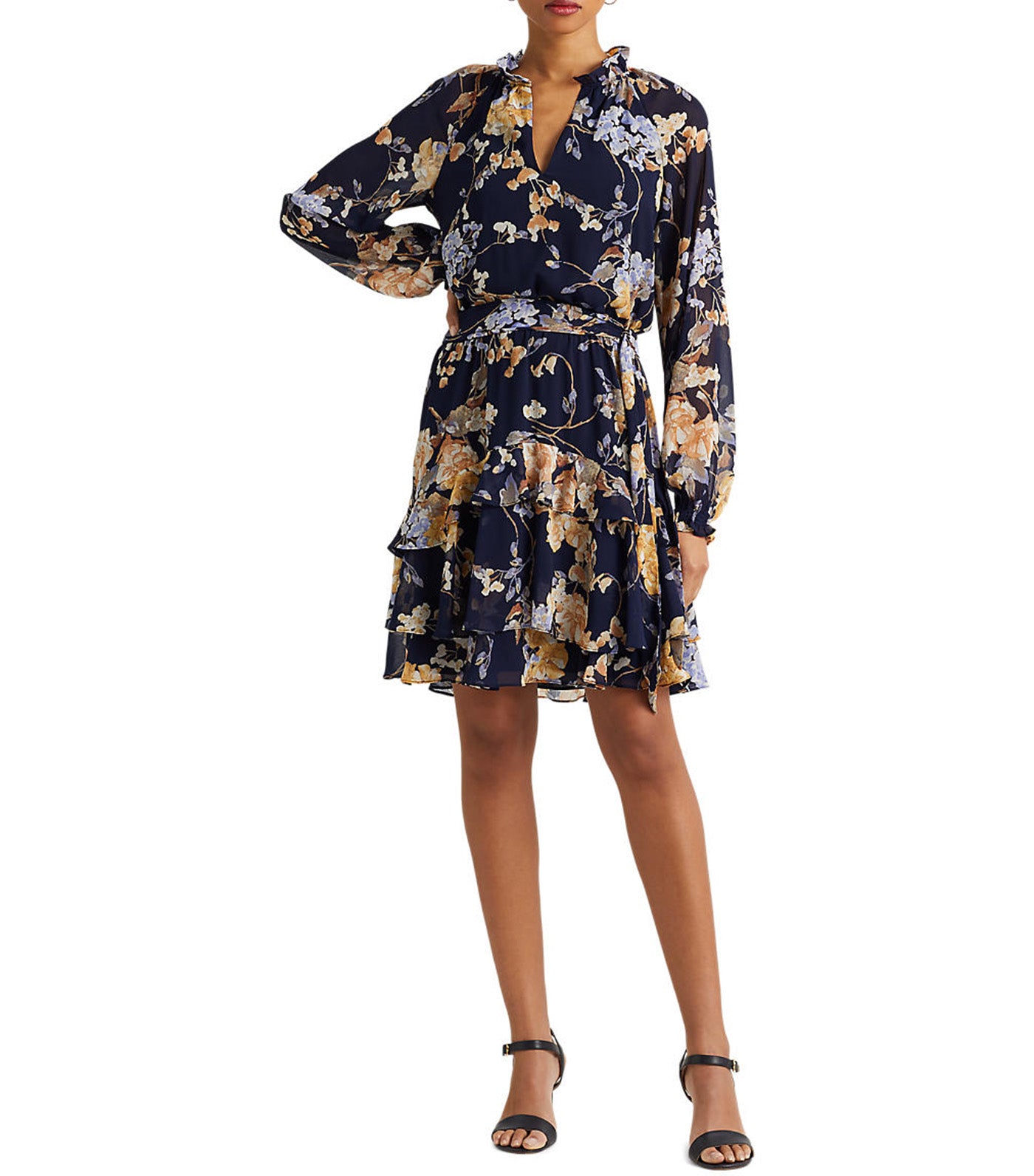 Women's Floral Belted Crinkle Georgette Dress Navy Multi