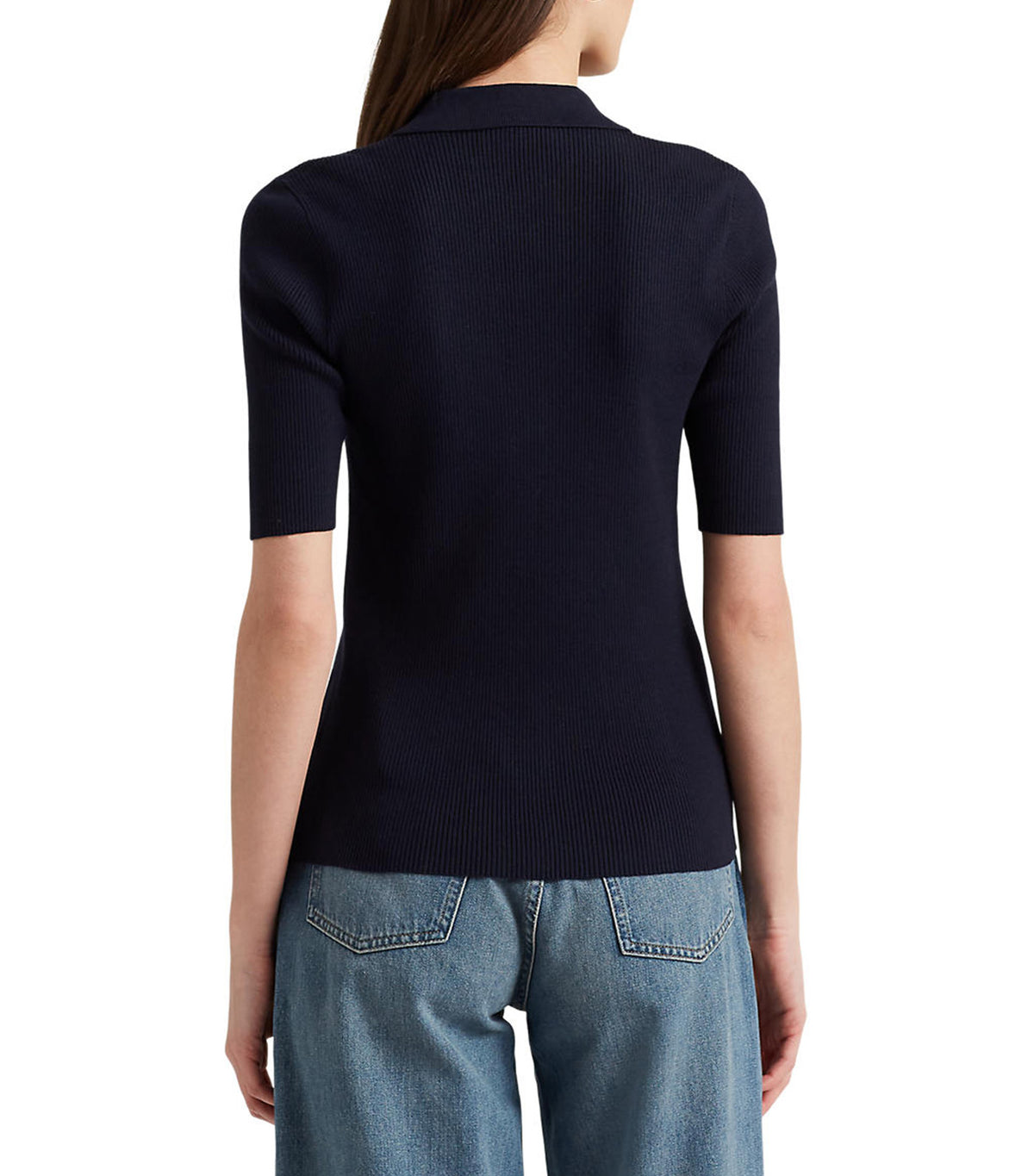 Women's Rib-Knit Cotton-Blend Polo Sweater Lauren Navy