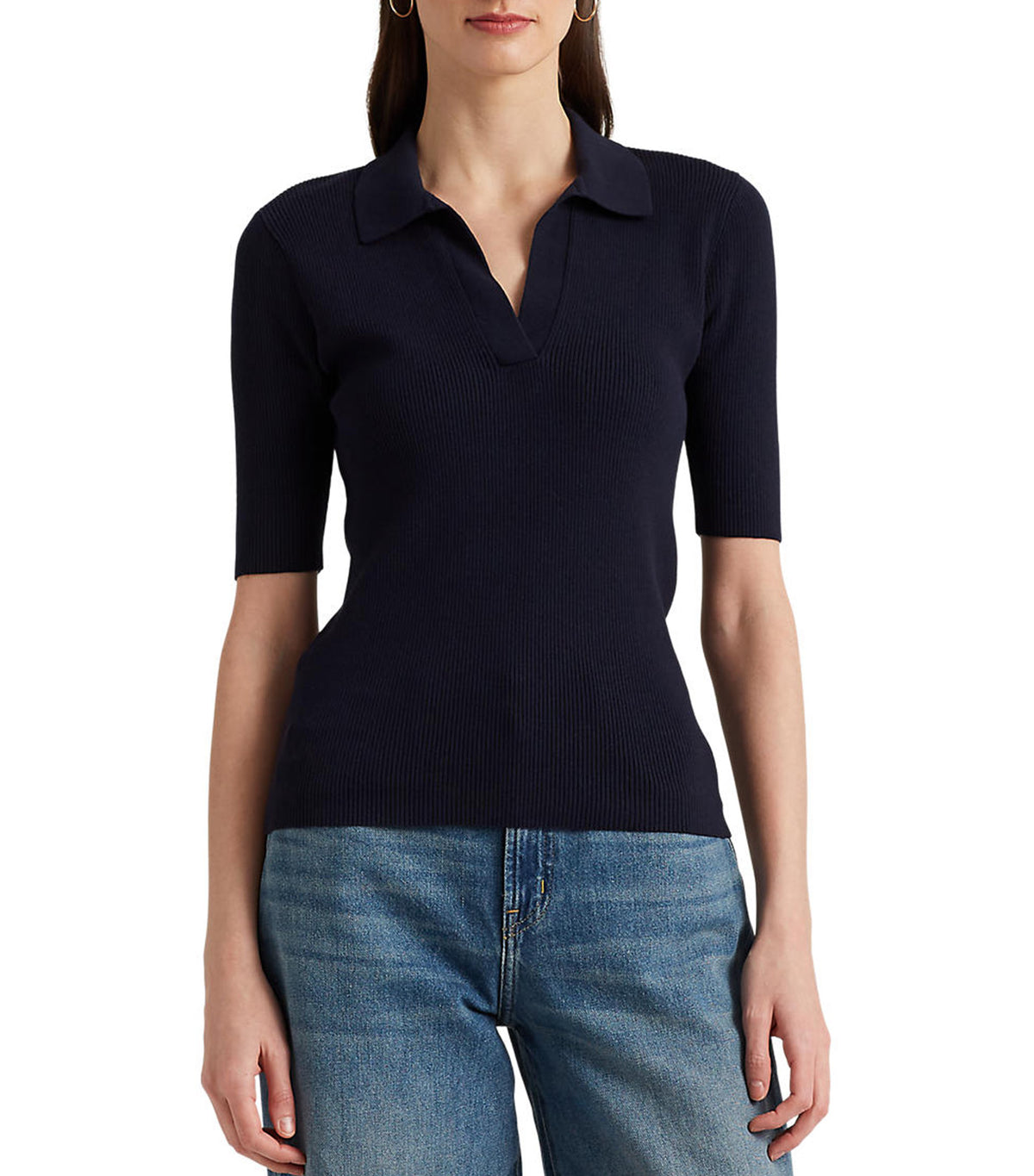 Women's Rib-Knit Cotton-Blend Polo Sweater Lauren Navy