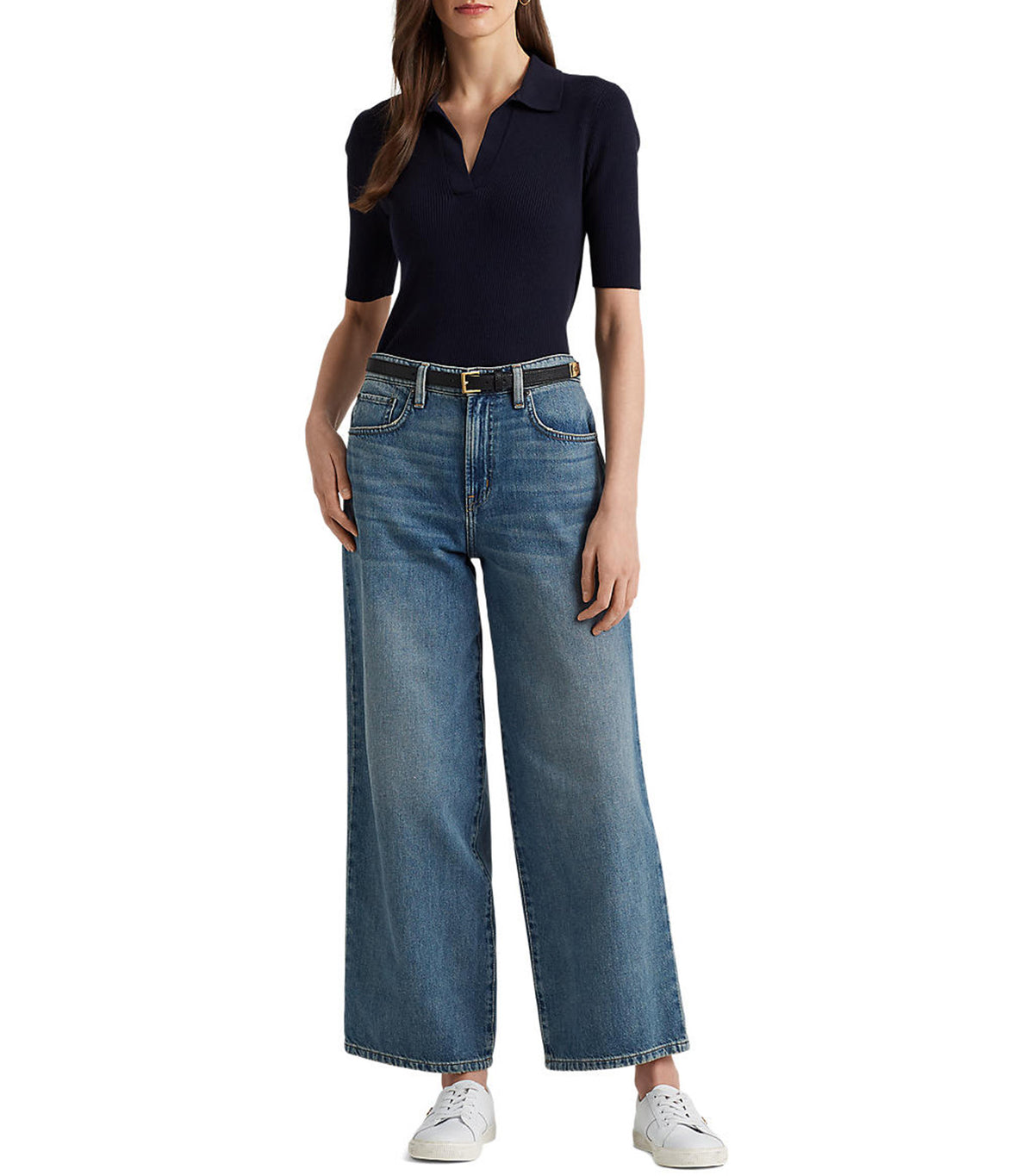 Women's Rib-Knit Cotton-Blend Polo Sweater Lauren Navy