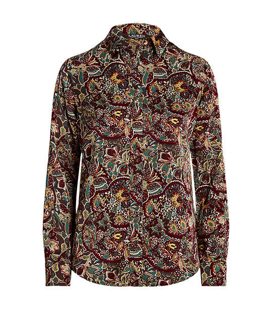 Women's Floral Satin Charmeuse Shirt Burgundy Multi