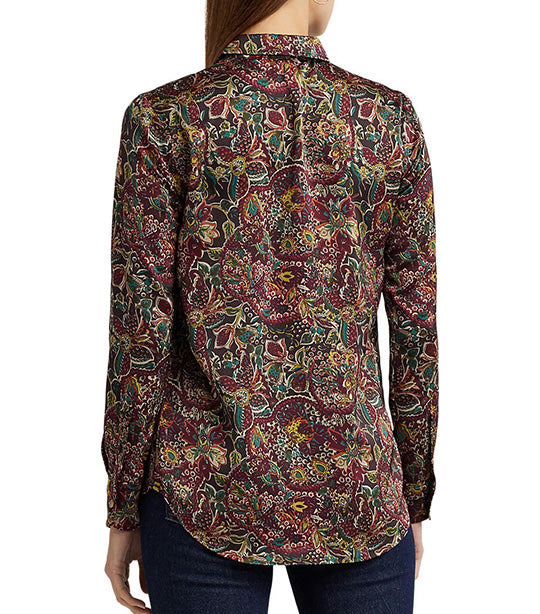 Women's Floral Satin Charmeuse Shirt Burgundy Multi