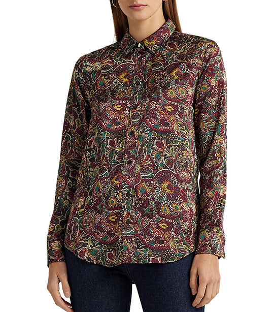 Women's Floral Satin Charmeuse Shirt Burgundy Multi