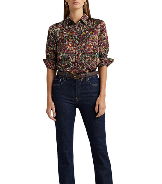 Women's Floral Satin Charmeuse Shirt Burgundy Multi