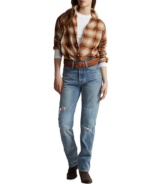 Women's Relaxed Fit Plaid Cotton Shirt Tan Multi