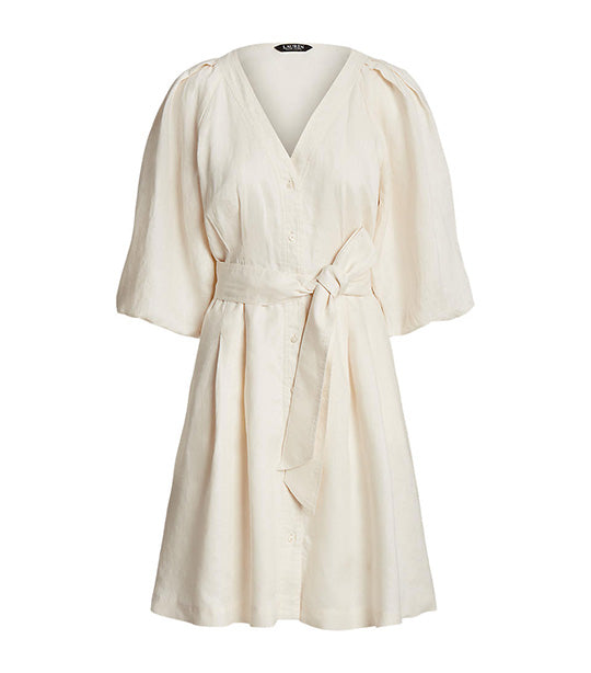 Women's Belted Linen Bubble-Sleeve Dress Mascarpone Cream