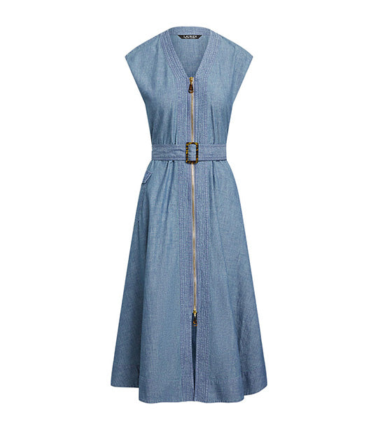 Women's Belted Denim Cap-Sleeve Dress Denim Blue