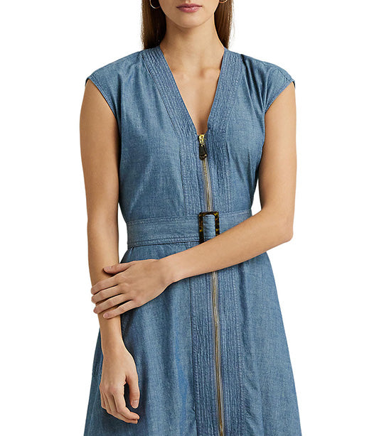 Women's Belted Denim Cap-Sleeve Dress Denim Blue
