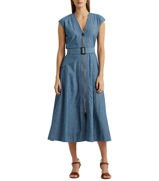 Women's Belted Denim Cap-Sleeve Dress Denim Blue