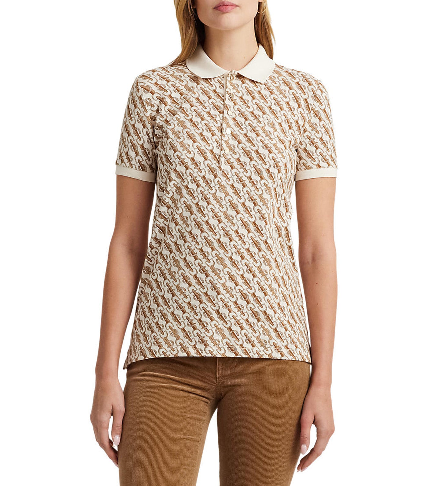 Women's Belting-Print Piqué Polo Shirt Cream Multi