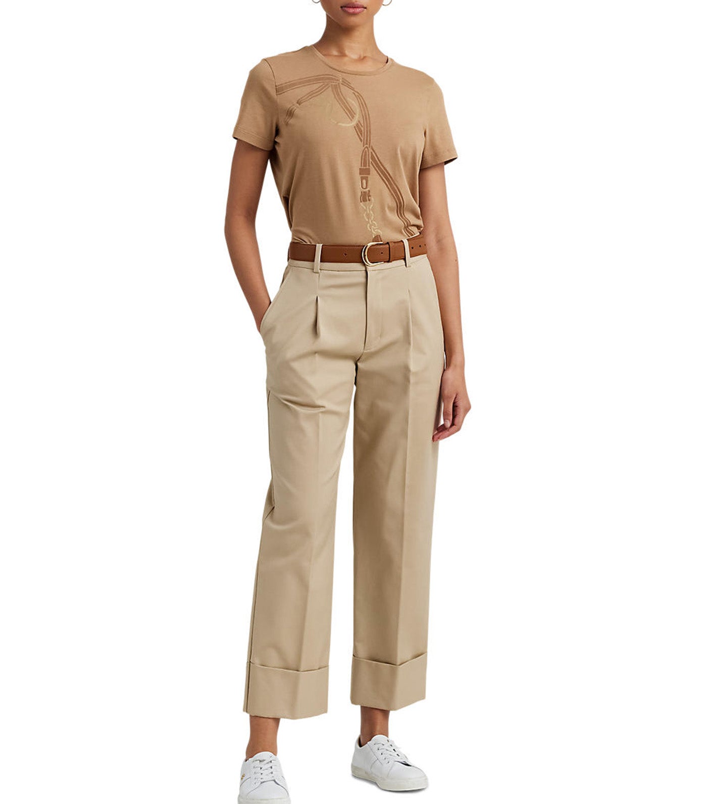 Women's Belting-Print Cotton-Blend Jersey Tee Camel