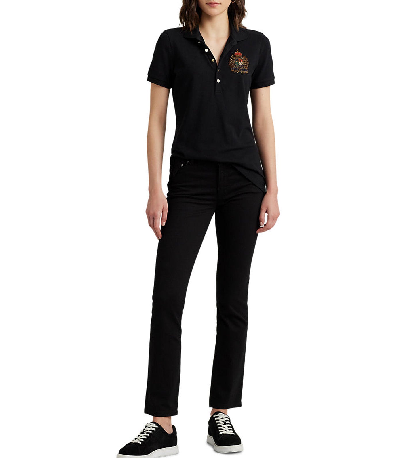 Women's Beaded-Crest Piqué Polo Shirt Black