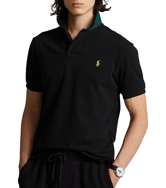 Men's Custom Slim Plaid-Trim Mesh Polo Shirt Polo Black