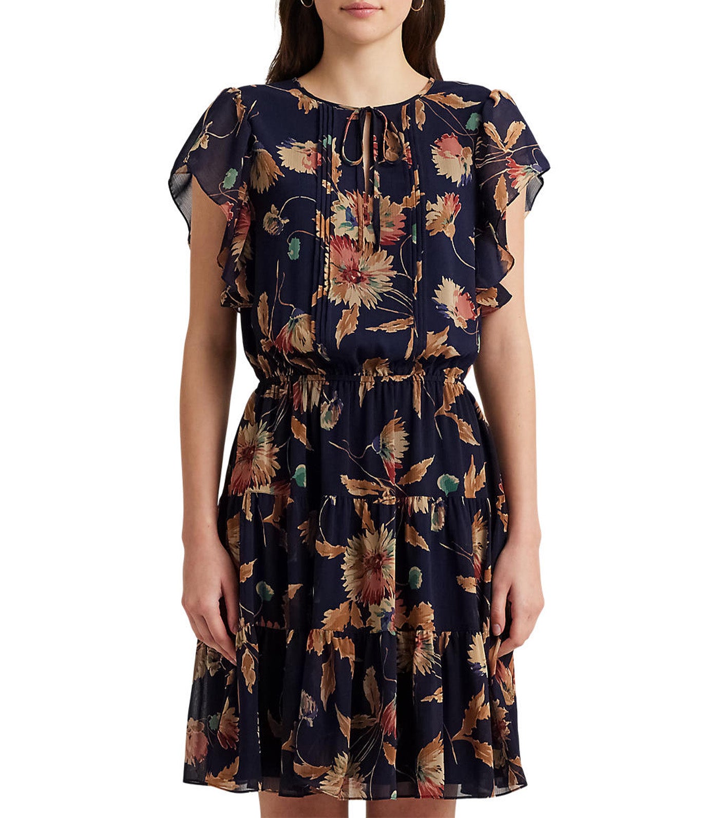 Women's Floral Crinkle Georgette Tie-Neck Dress Navy/Tan/Multi